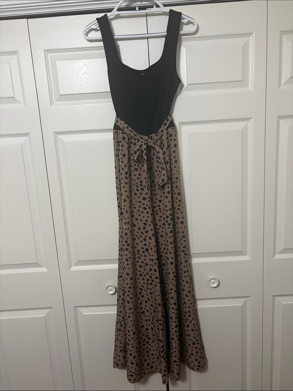Women's Black & Taupe Polka Dot Maxi Dress with Tie Waist